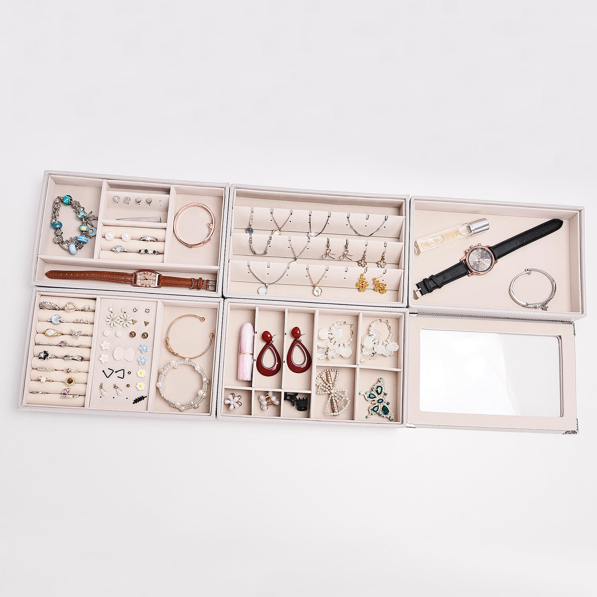 Bandeja organizadora de joyas apilable de 5 capas con tapa transparente, bandeja de exhibición de joyas para cajón, joyero grande para tocador (gris claro, Cinco capas de tapa de separación)
