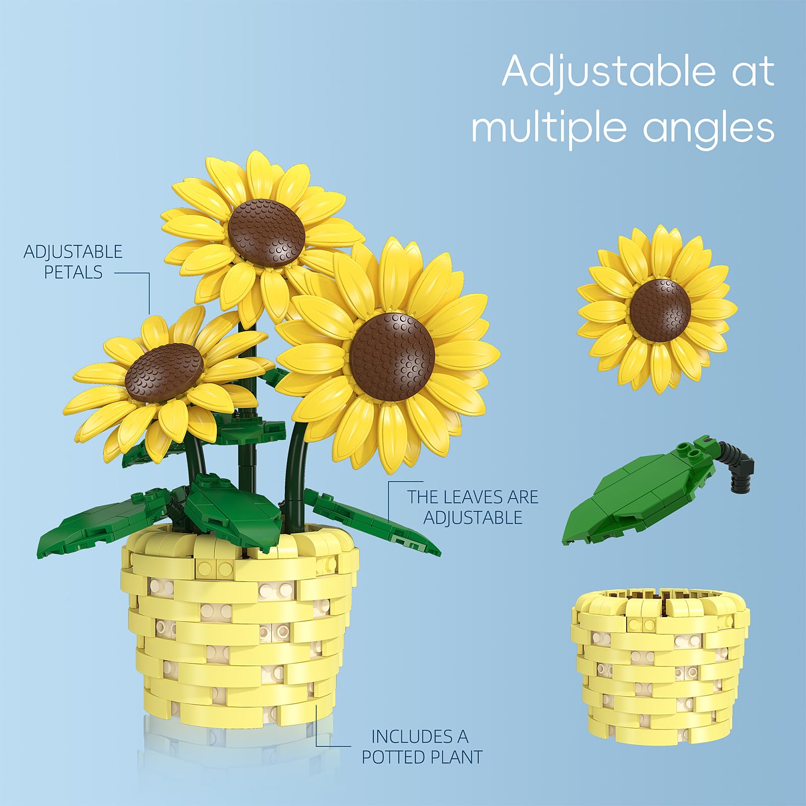 Set di Costruzione Girasole in Vaso, Dai 8 Anni in Su KLJMH-04 | 465 Pezzi, DIY Kit Mazzo Fiori, Petali e Foglie Regolabili, Casa Decorazione, Regalo Perfetto per gli Amanti dei Fiori