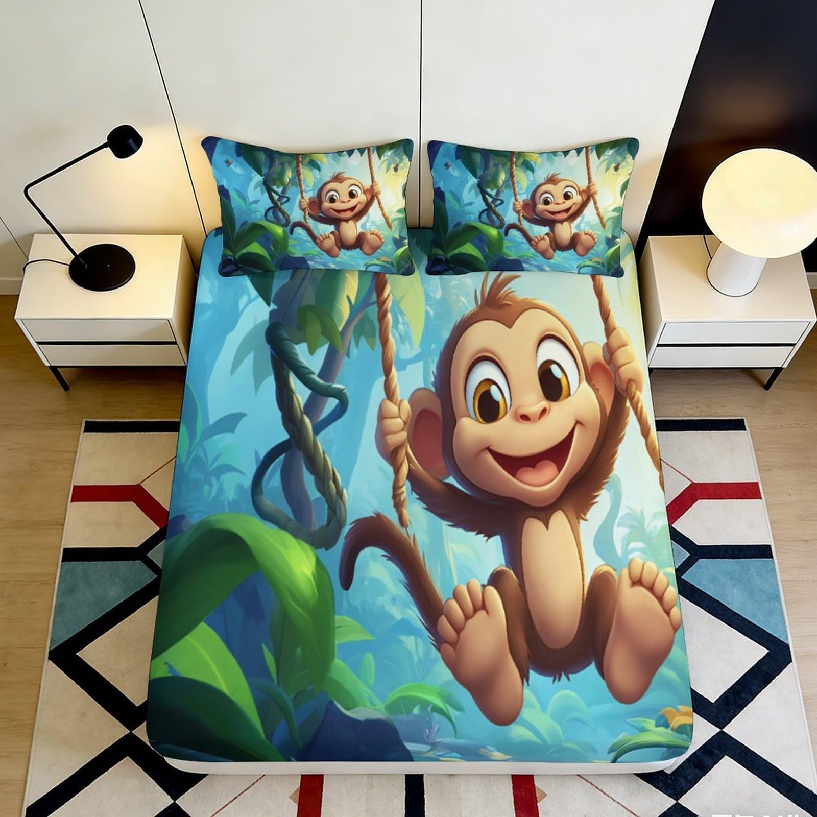 Pnayamiorkfel Style-7 3D Printed Cartoon Monkey Fitted Sheet Microfiber Jungle Swing Bed Cover For Bedroom Guest Room Mattress Decor 90X200x25cm