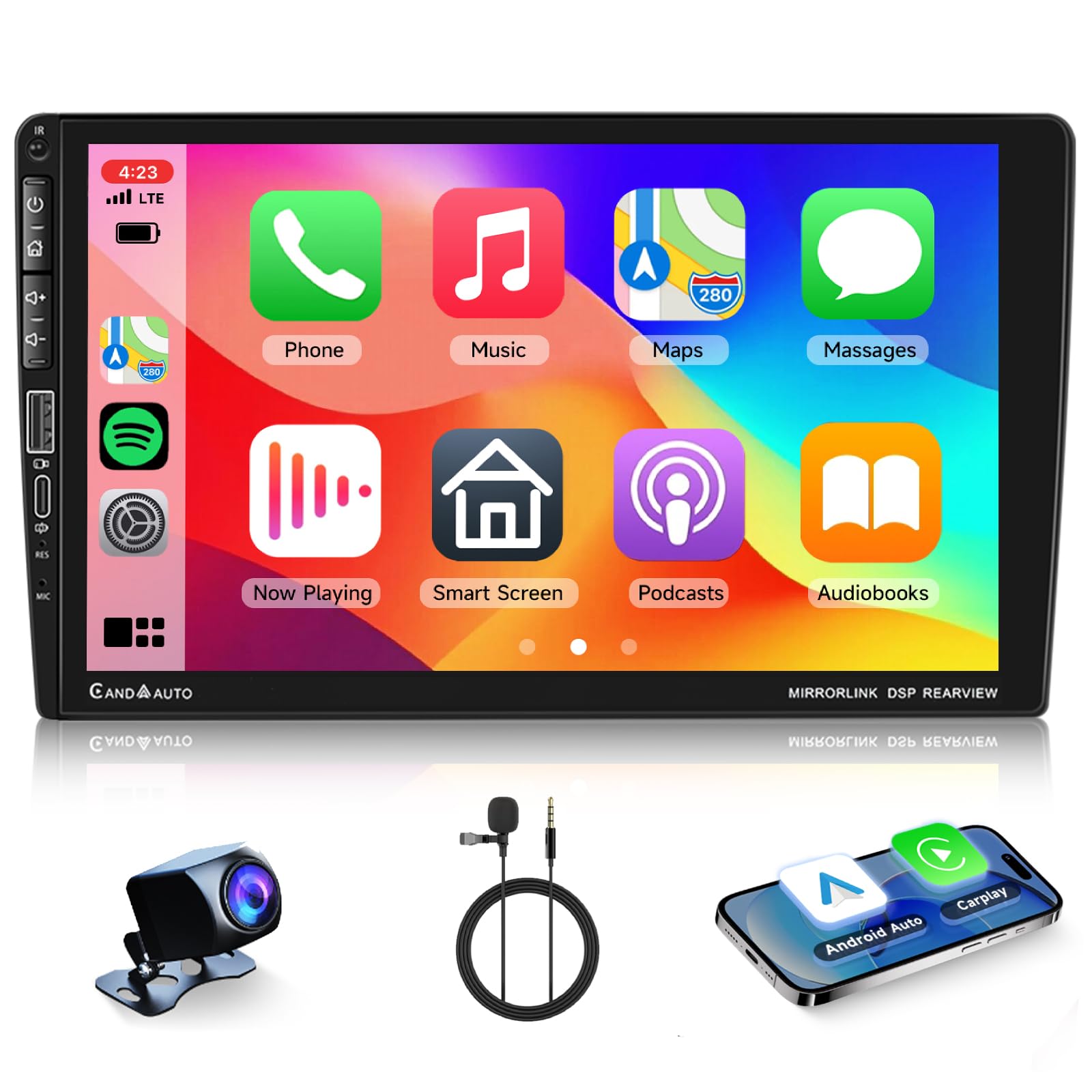 VECHTEL Radio Coche Bluetooth con Carplay Android Auto, Autoradio 1 DIN con Pantalla Táctil de 9 Pulgadas, Radio FM, Soporte Mirror Link, USB/Tipo-C, Controles en el Volante, Mic, Cámara Trasera