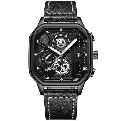 AKNIGHT Men's Watche Quartz Leather Strap Watch for Men, Waterproof and Luminous, Business Day Date Wrist Watches, Multifunction Chronograph Black Fashion Wristwatches