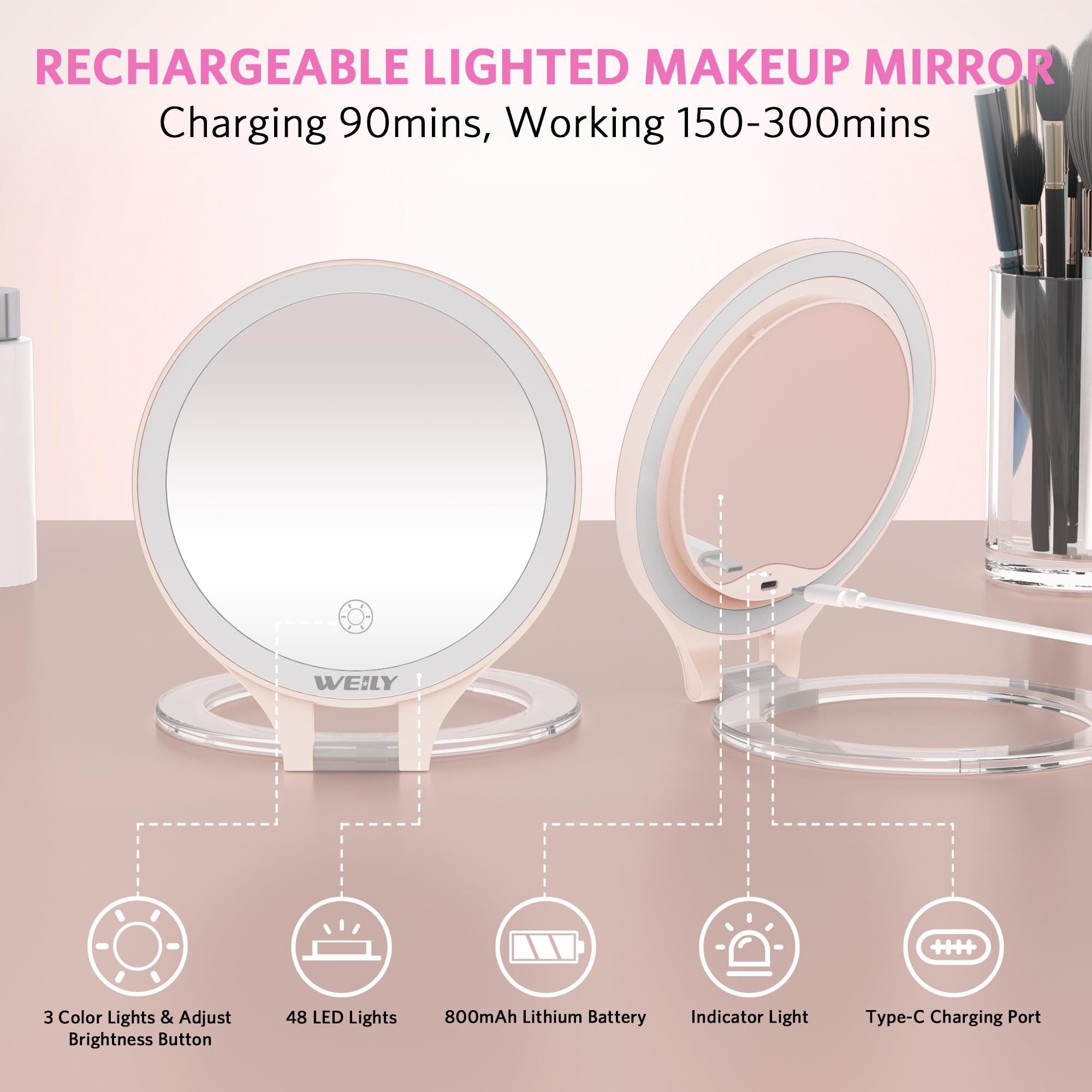WEILY 10X/1X LED Travel Makeup Mirror with Light