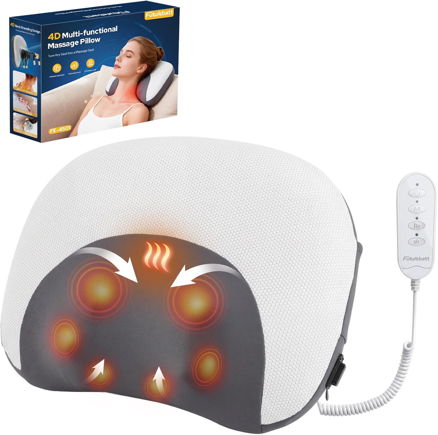 Futurebatt Back and Neck Massager with Heat，Shiatsu Neck Massager Pillow for Back,Neck,Shoulder,Foot,Portable Lower Back Massager for Office Workers, Drivers, Middle-Aged and Elderly People