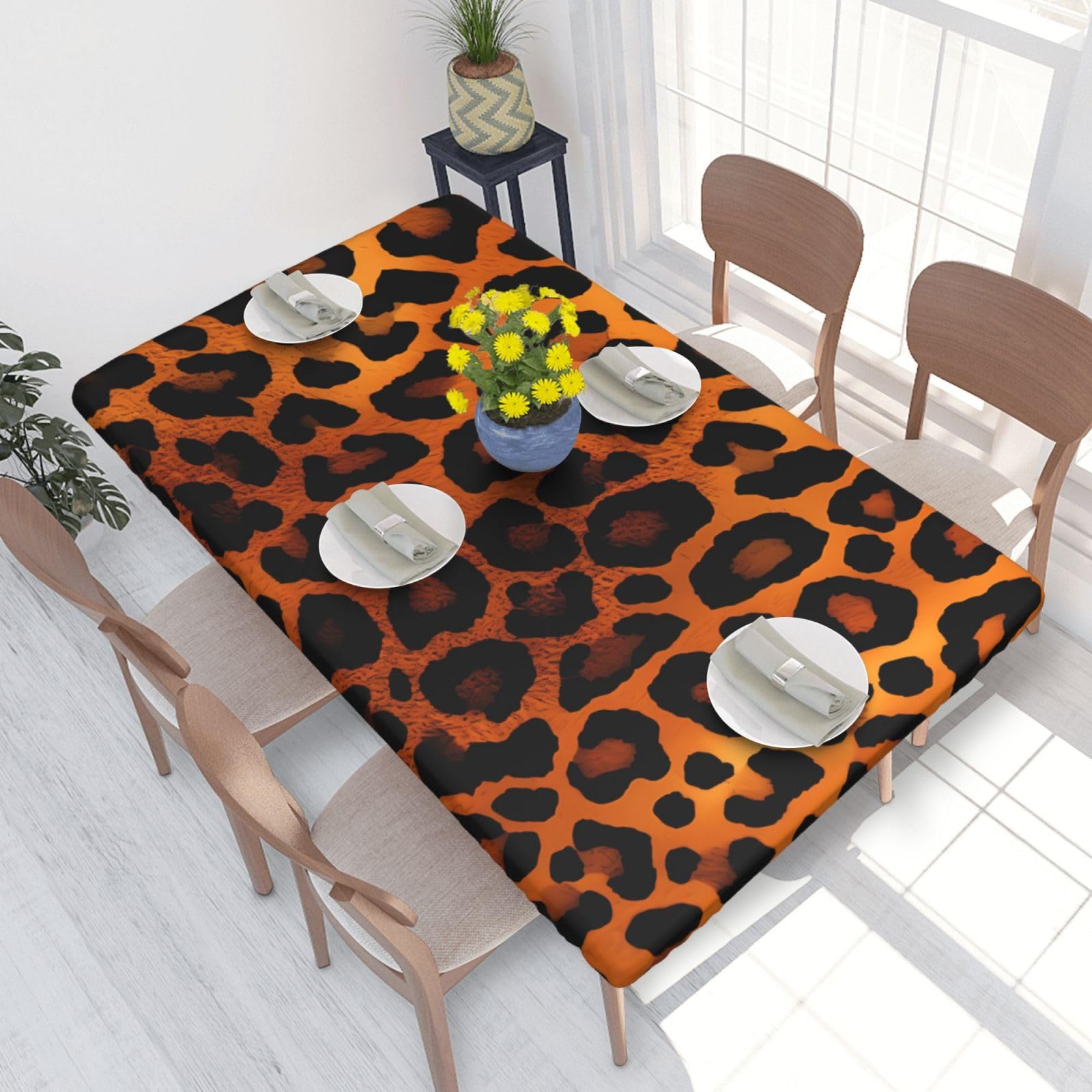 Leopard Pattern Waterproof Square Table Cover Elastic Fitted Tablecloth Oil Proof Table Protector For 4ft Table