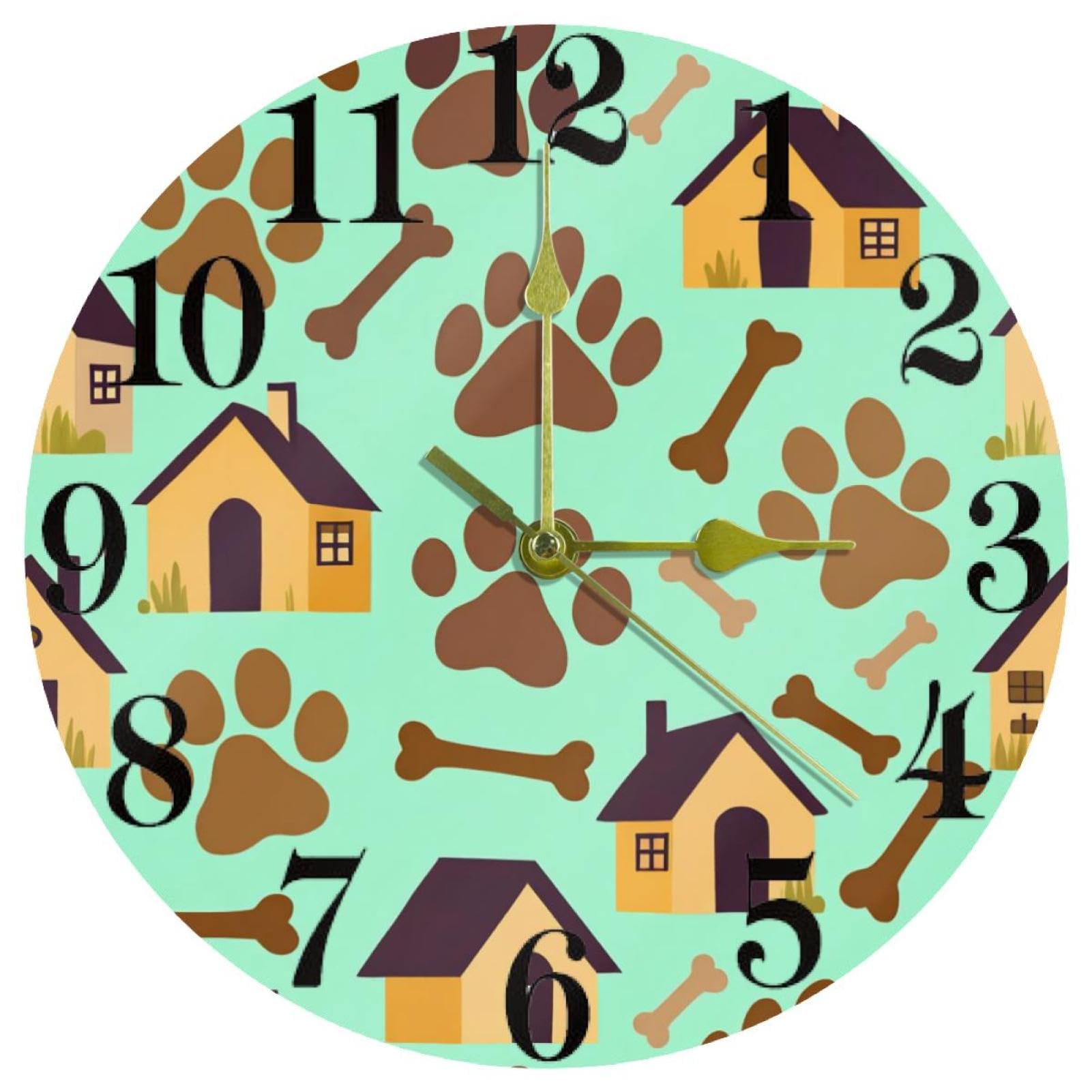 Horloge murale ronde en os et pattes de chien silencieuse à piles pour décoration de maison