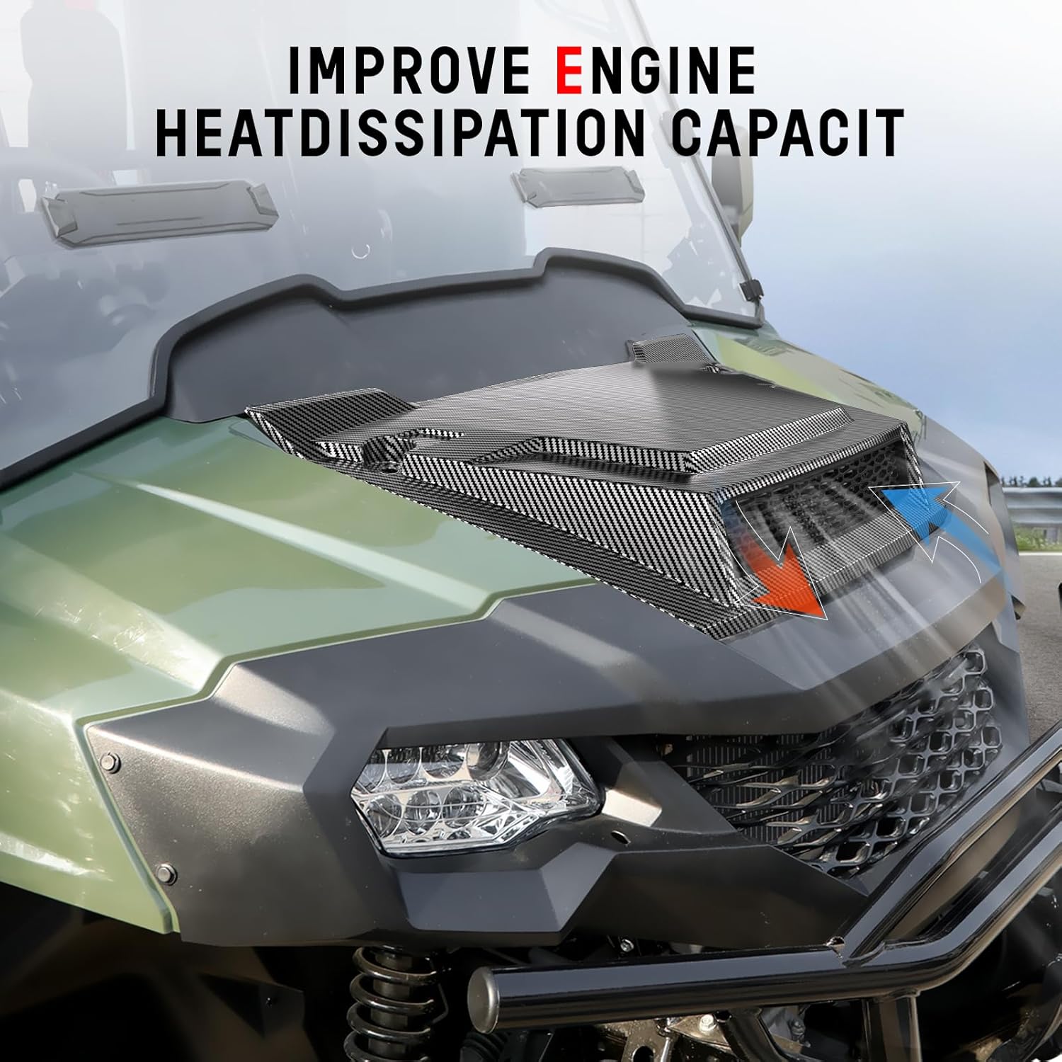 Sport Hood Scoop with Mesh for Honda Pioneer 700 2P 4P 14-25, PP Material Carbon Fiber Pattern Front Hood Cover with Sleek Mesh Ventilation Hood Scoop for Honda Pioneer 700-2 700-4 2014-2025