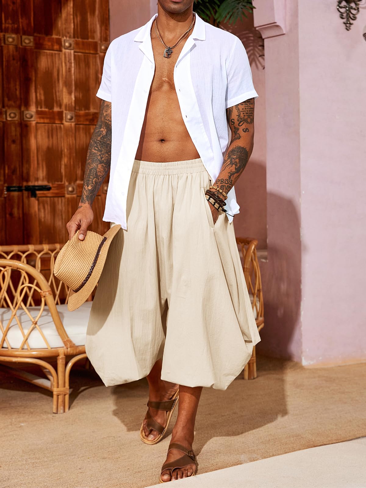 PASLTER Haremshose für Herren, Leinen, Yoga, Strand, Baggy, Sommer, Boho, Aladin, Genie