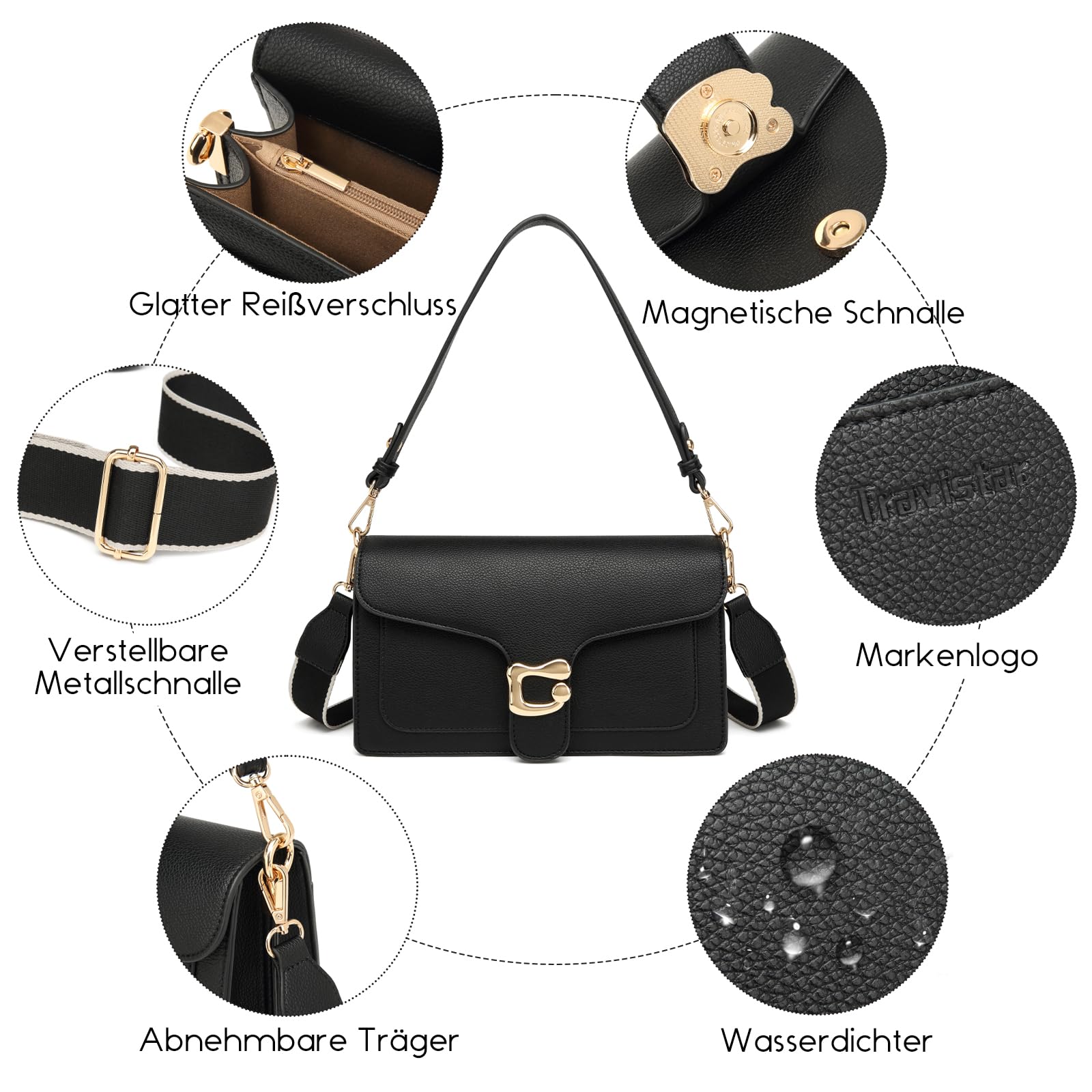 Travistar Sac a Main Femme en Cuir Sac Bandoulière Femme Petit Sacs Bandouliere Pochette Sac à Main Tendance Sacoche Portés épaule pour Femme Sac de Soirée - Avec 2 Larges Sangles Amovibles | 2 sangles détachables