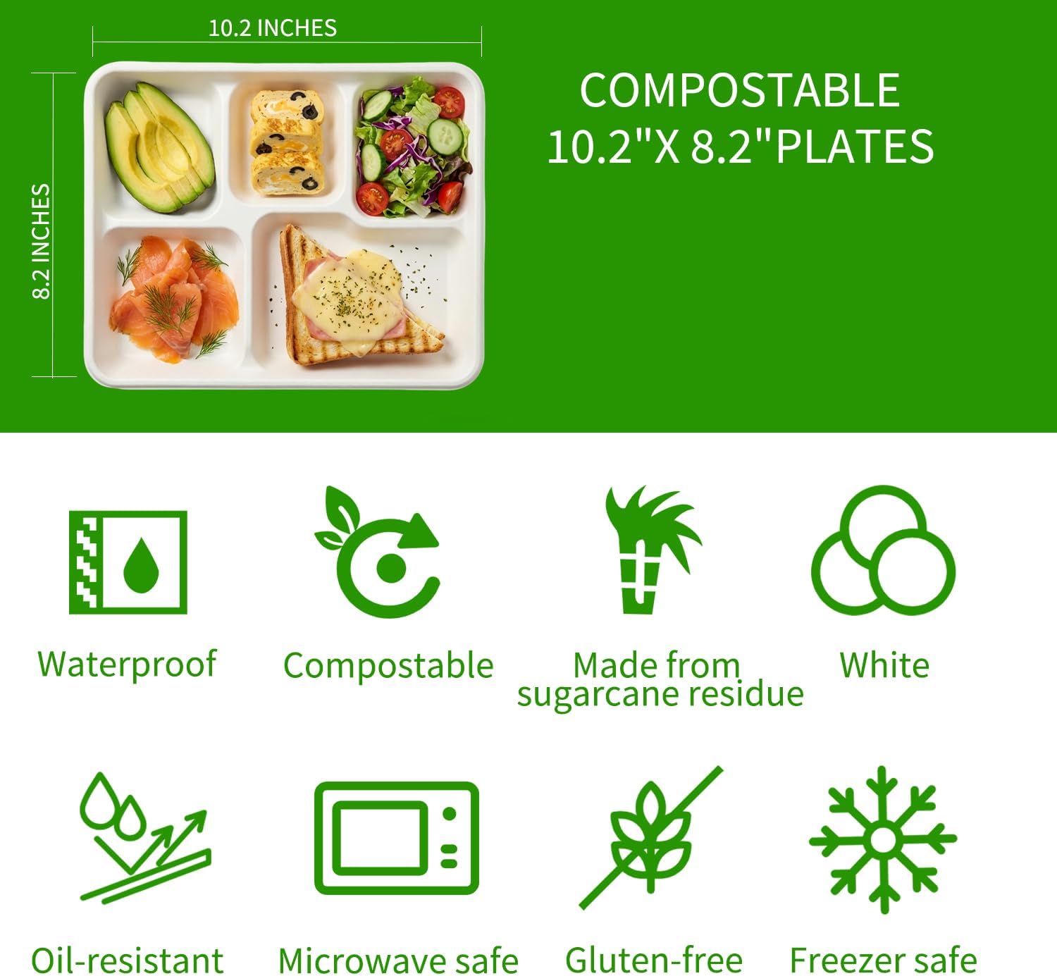 125-Pack 100% Compostable Plates 5 Compartment Paper Plates, Disposable Bagasse School Lunch Tray, Heavy Duty Quality Disposable Tray, Plates for Buffet, and Party