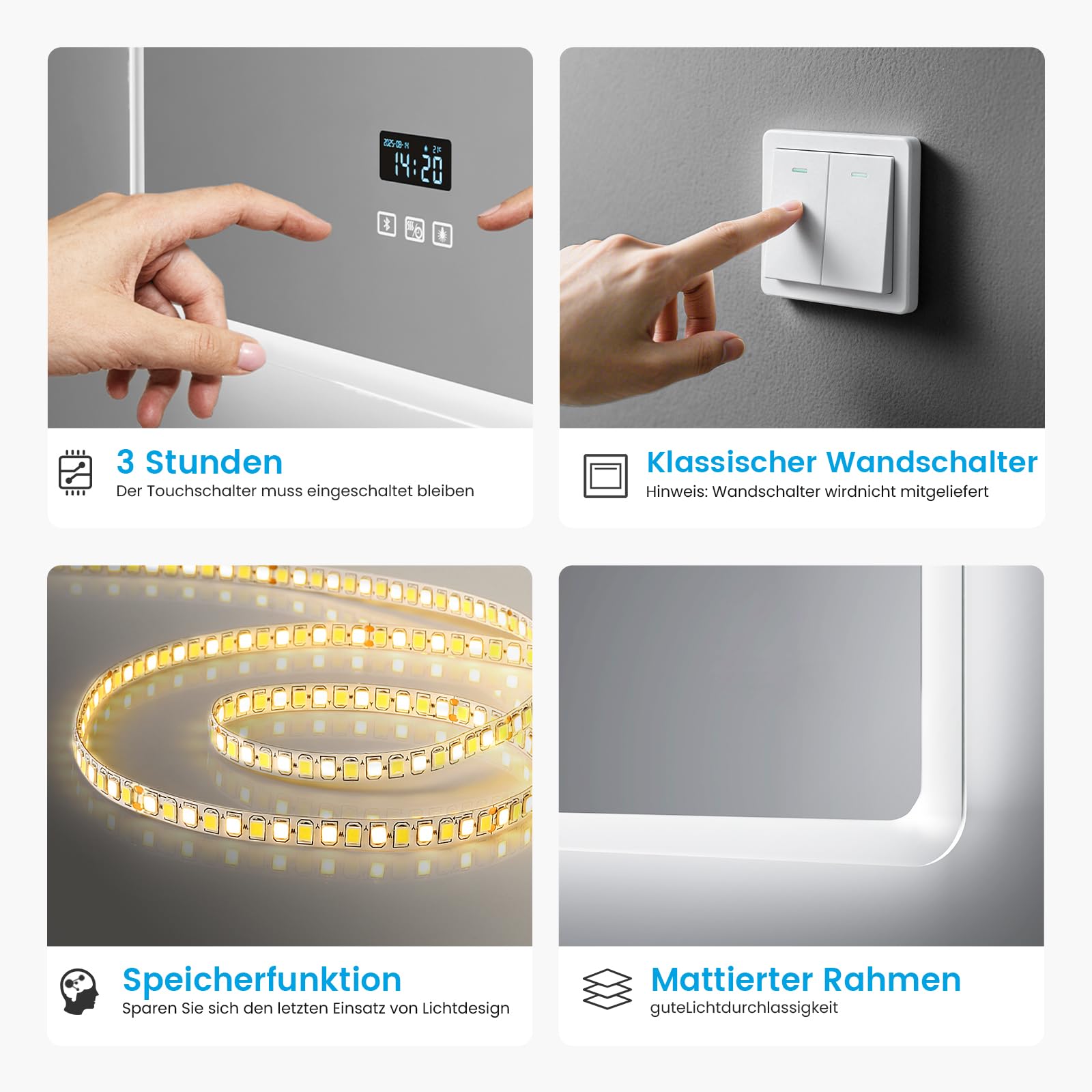 Heilmetz Bluetooth Badspiegel mit Beleuchtung 80x60cm, LED Badezimmerspiegel mit Licht, Uhr, 3 Lichtfarben Dimmbar, Antibeschlag, 3X Vergrößerung, Wandspiegel mit Beleuchtung, Energiesparend