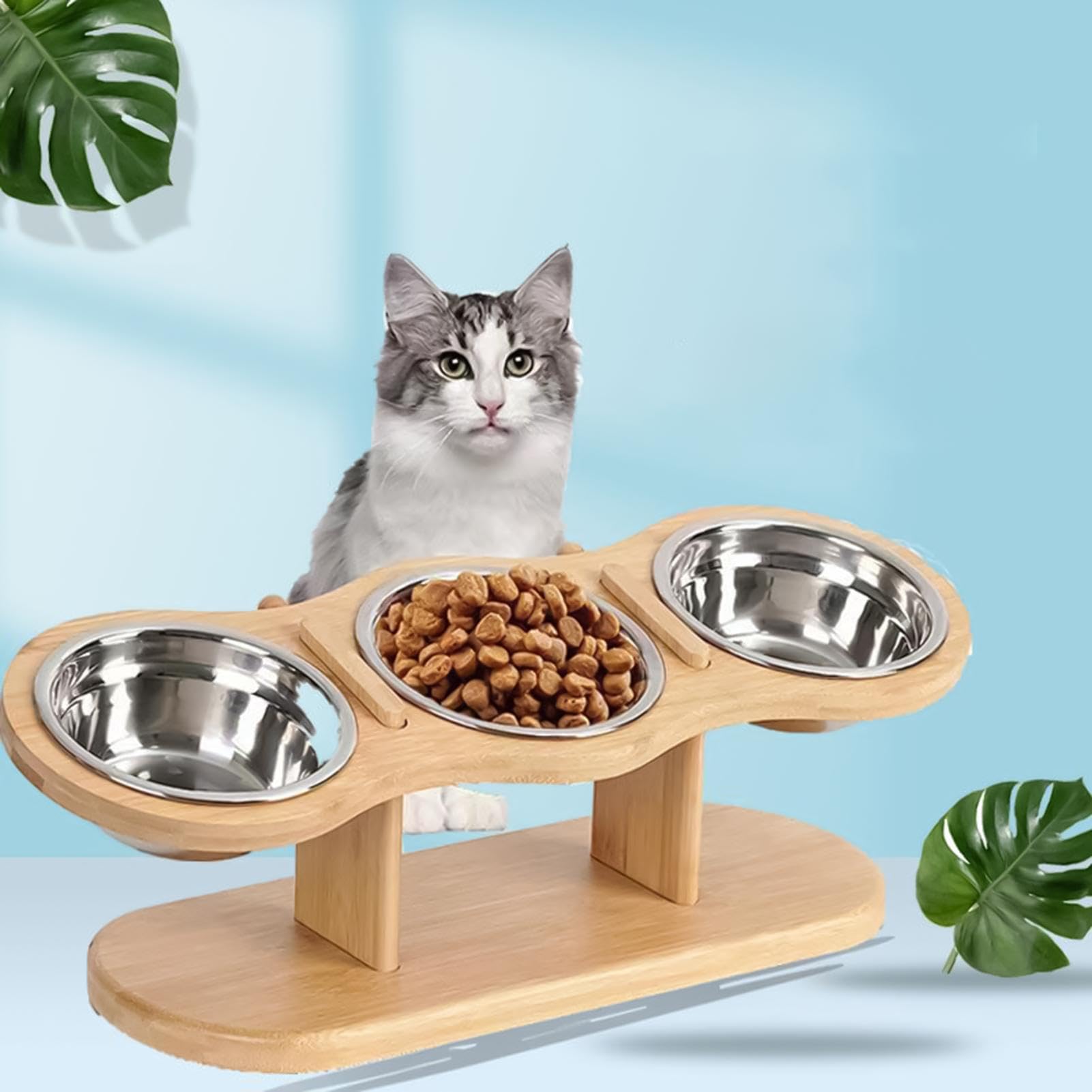 Comederos Elevados Para Gatos Con 3 Cuencos De Acero Inoxidable Soporte de | Estación Elevada Comida y Agua Montaje Fácil, Soporte De Madera