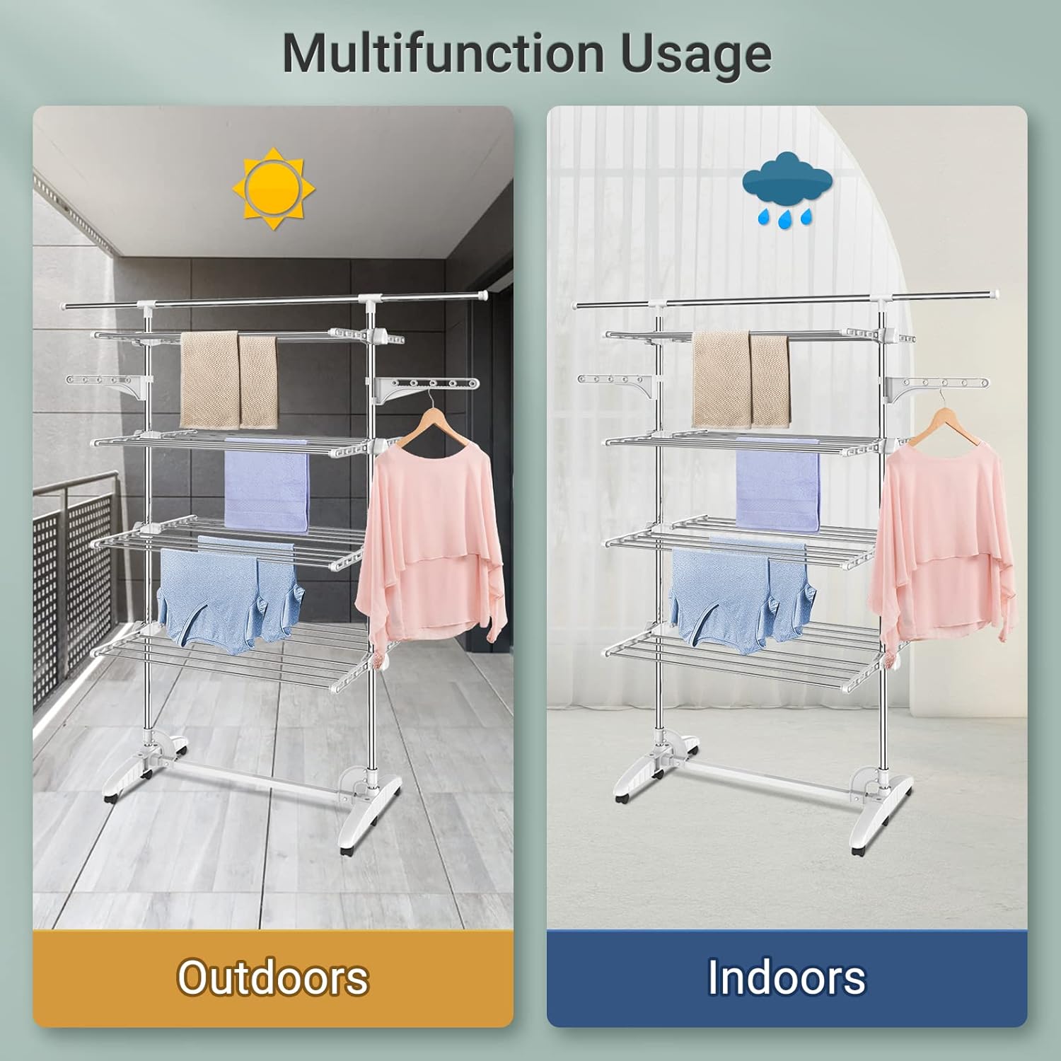 Todeco Clothes Drying Rack,4 Tier Foldable Laundry Drying Rack with Extended Top Bar,High Load Capacity Stainless Steel Space-Saving Clothes Airer with 2 Extra Adjustable Dry Rail Hanger,w/6 Casters