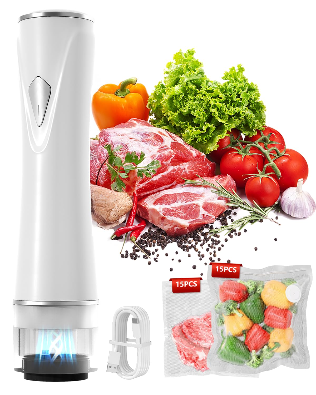 Sellador al vacío de mano para alimentos con tanque de agua visible, máquina selladora al vacío inalámbrica compacta con 30 bolsas de vacío reutilizables para 10 veces más conservación y