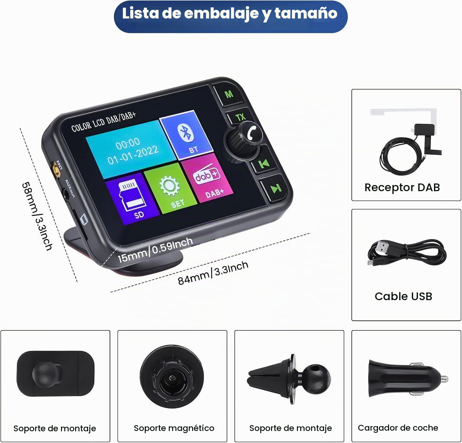 Hikity Dab/Dab+ Adaptador Radio 2,4" LCD BT Transmisor FM | Portátil. Manos Libres. Receptor Digital DAB. TF/AUX. Para Coche y Casa