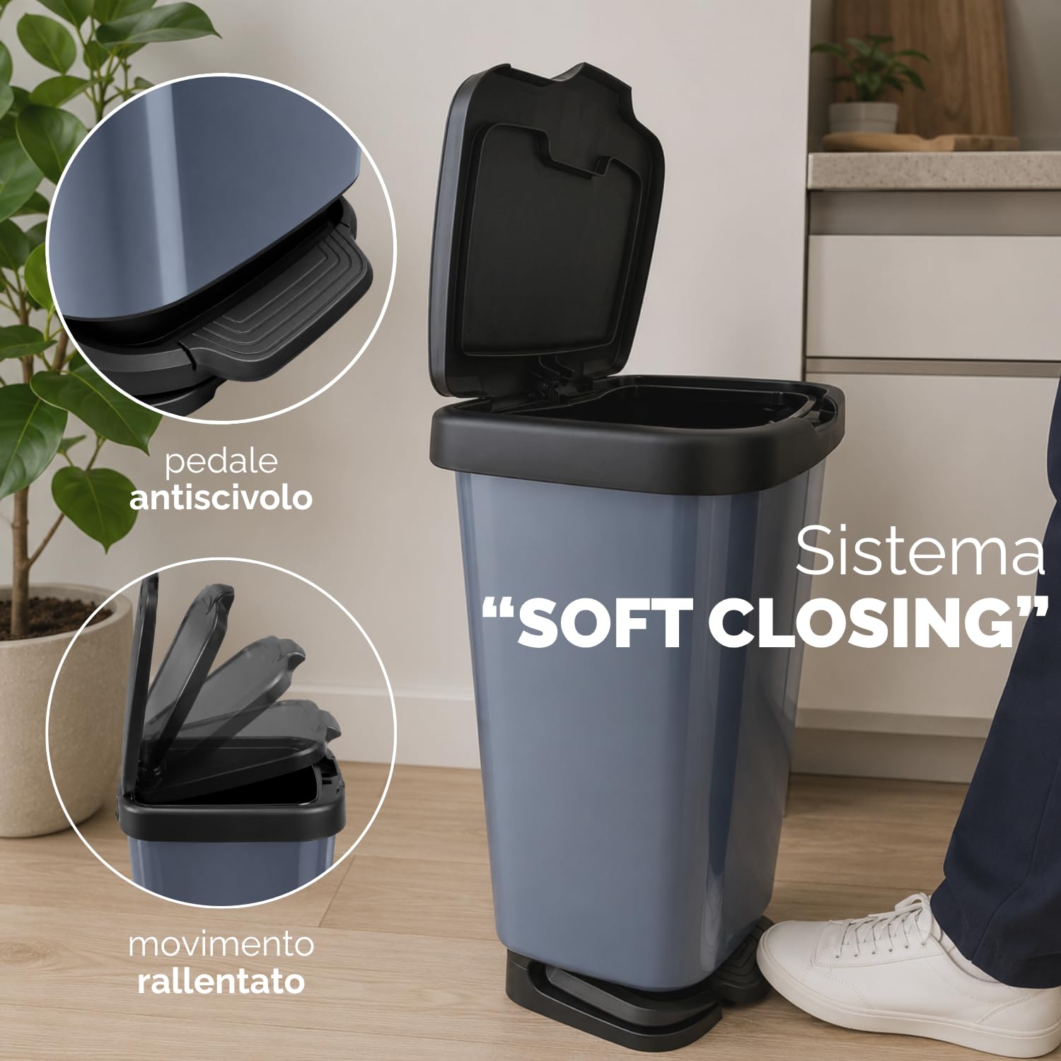 PALUPLUS Pattumiera da Cucina in Plastica Effetto Acciaio, Misura 39x29,5x63 cm, Pedale per Apertura Automatica e Chiusura Rallentata, Coperchio Anti Odori con Fermasacco -1061C -3,2 (40 Litri)