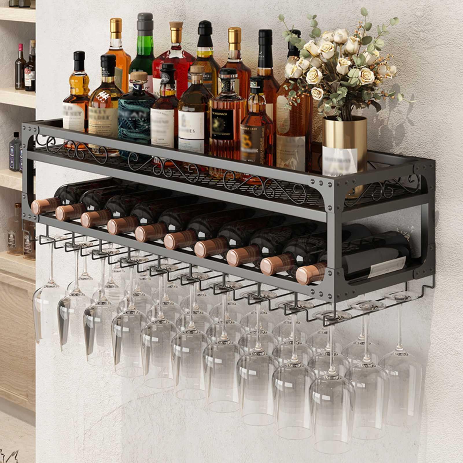 Rangement peu encombrant pour cuisine avec ce casier à vin mural et porte-verre suspendu