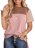 Womens Color Block Fashion Short Sleeve Crewneck Knitted Spring Summer Casual Loose T Shirts Tops