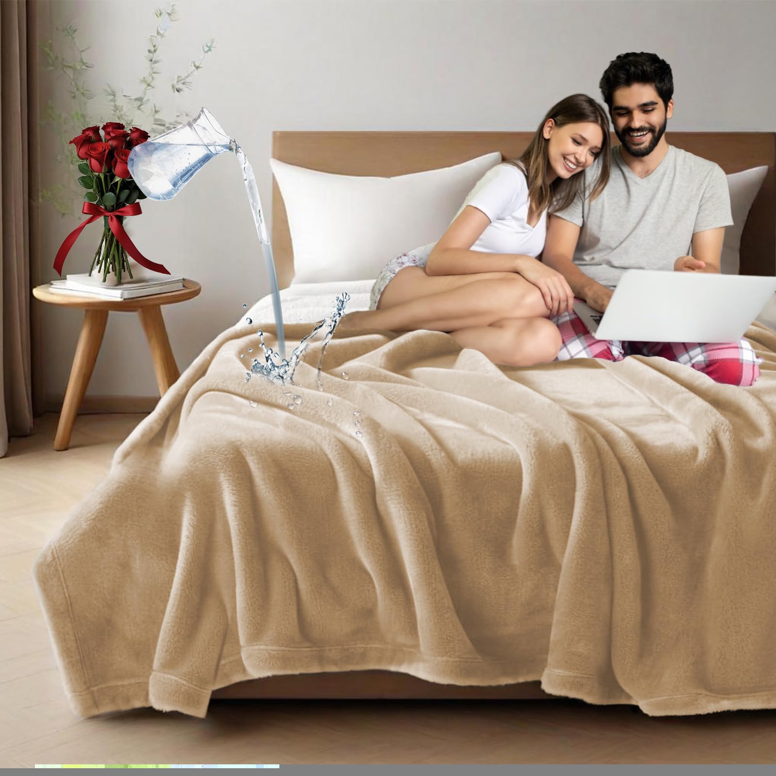 Haltune Beige Waterproof Blanket for Bed Intimacy 203 * 152cm, Bedding Cover for Couples Against Spill, Lovers Blanket Water Proof and Stain Proof