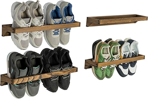 MyGift Juego de 4 estantes organizadores de almacenamiento de zapatos de madera maciza rústica quemada, montaje en pared, ahorro de espacio para