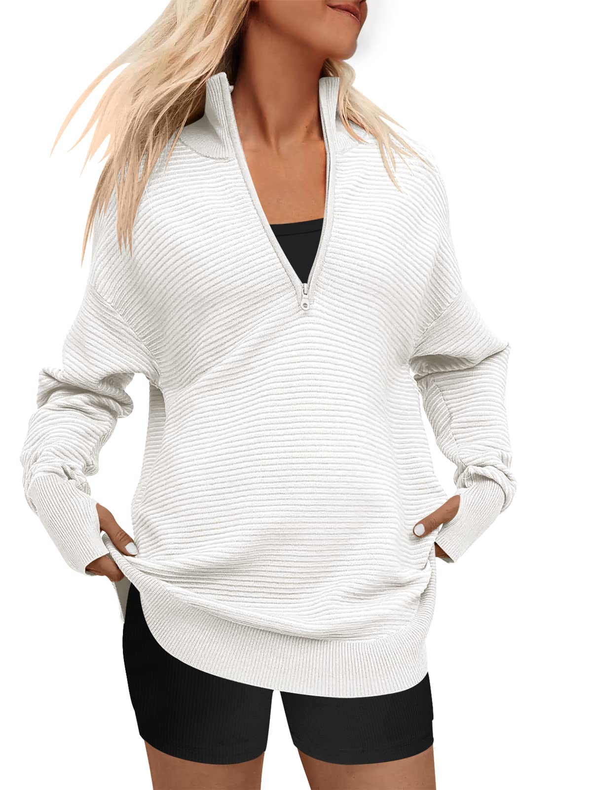 ANRABESSWomens Long Sleeve Quarter Zip Pullover Sweater Casual Loose V Neck Collared Ribbed Knit Jumper Tops Thumb Hole