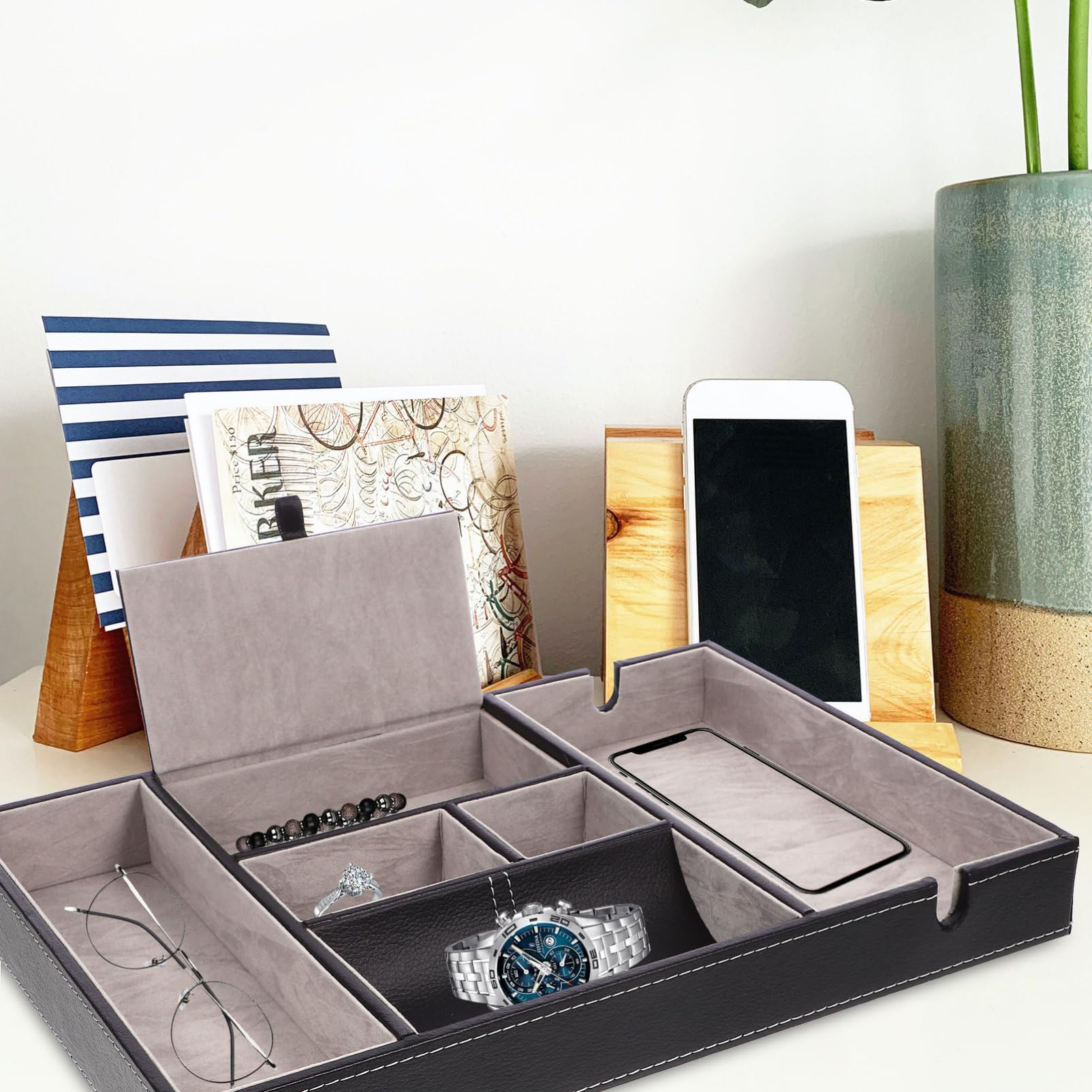 Caja de Almacenamiento de Cuero Pu Negra, Organizador Multifunción