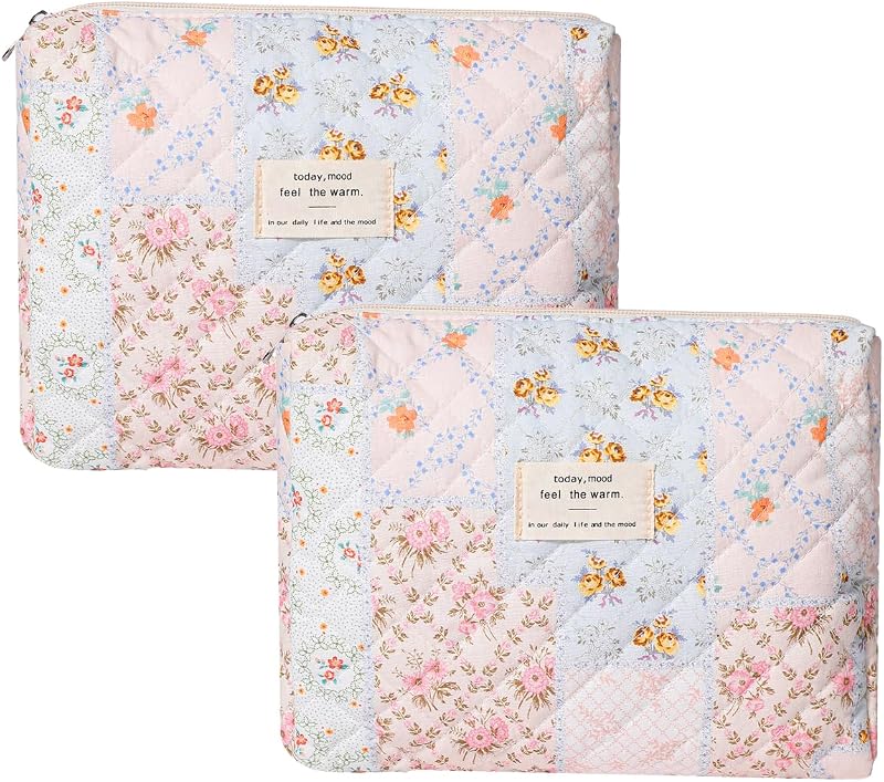 Necessaire de maquiagem matelassê uekeboag com estampa floral 06Pink Flower, pacote com 2