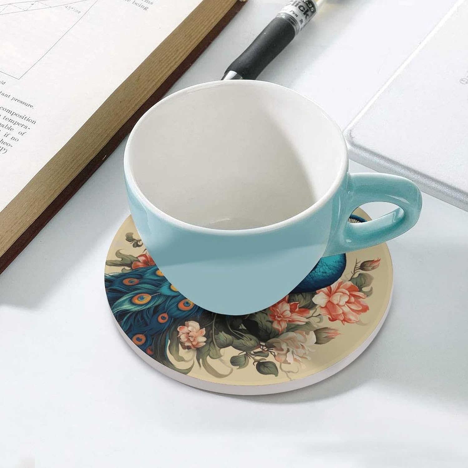 Peacock and Flowers Coasters Round Coasters Set Ceramic Stone Coaster with Cork Base Coffee Cup Beverage Cup Mat Cute Funny Table Drinks Coaster for Mugs and Cups Office Kitchen
