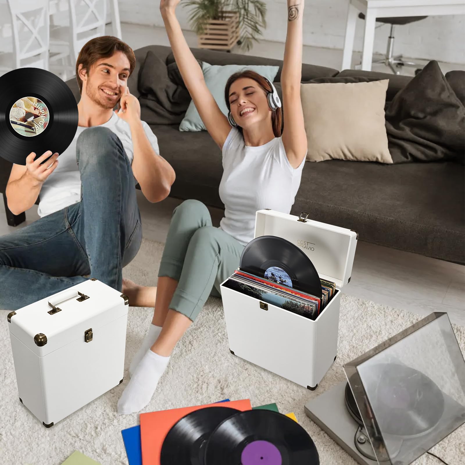 Coffre pour Vinyls de Rangement et Transport avec Serrure - Capacité 45 Disques - Malletín de Protection pour Collection, Blanc