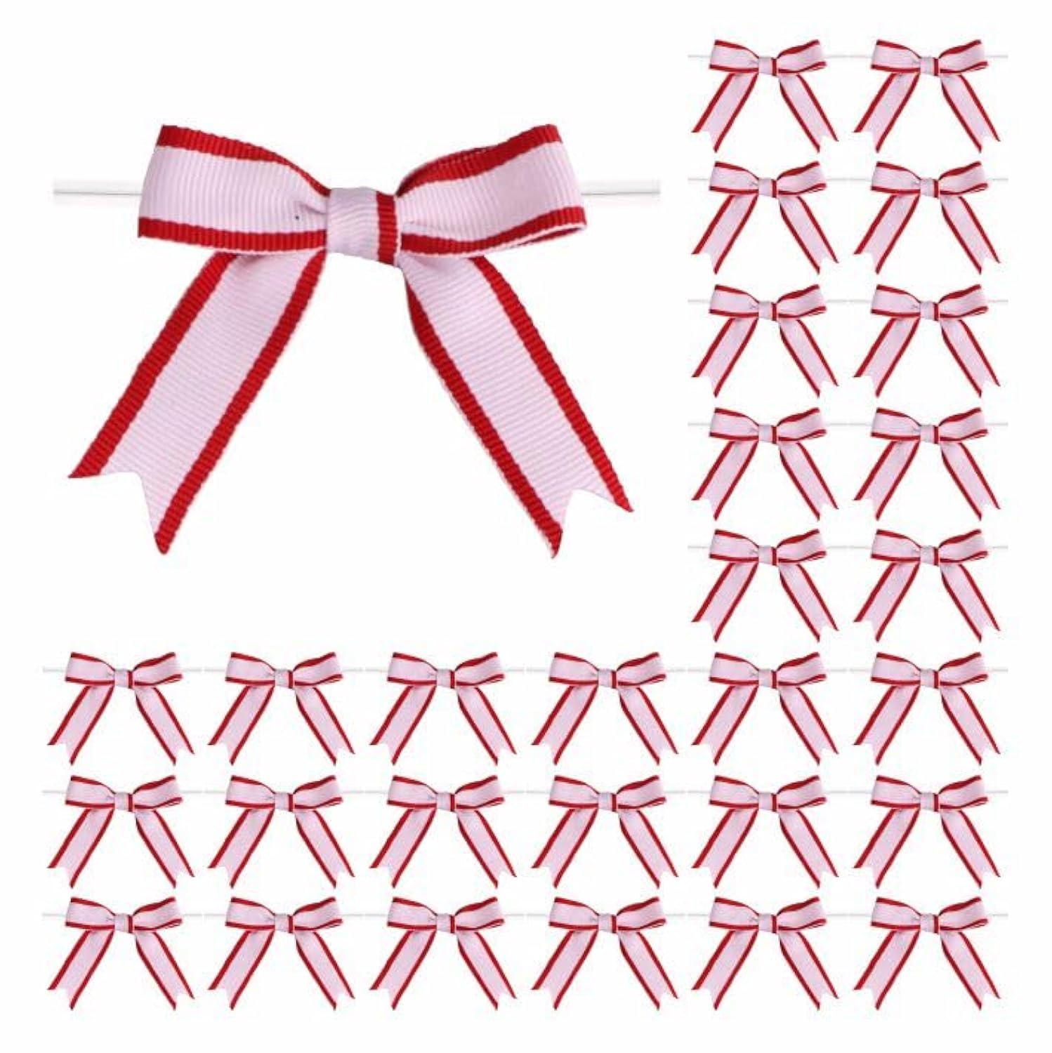 Meseey 30 Pcs Red and White Stripes Bows with Twists Tie Premade Patriotic Bows for Independence Day, Memorial Day Gift Wrapping, Cake Pops, Treat