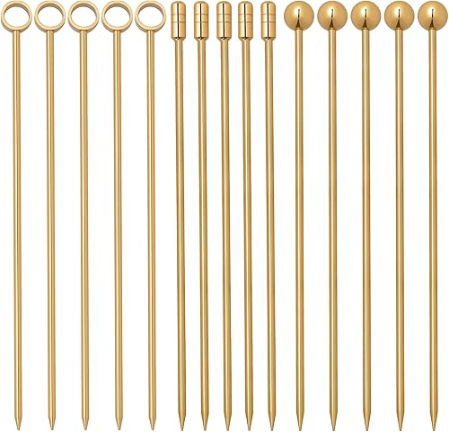 I-MART Juego de púas de cóctel de acero inoxidable (paquete de 15 unidades, dorado)