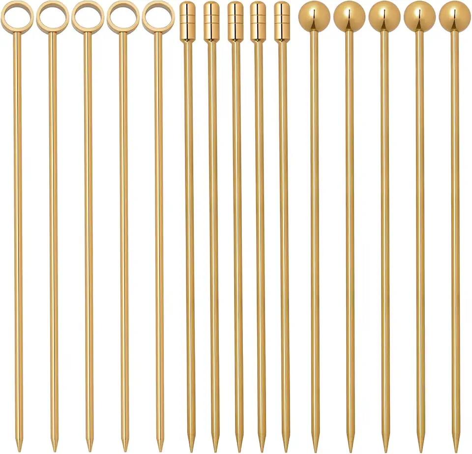 I-MART Pacote com 15 palitos de coquetel de aço inoxidável, espetos de azeitona de martini, palitos de metal reutilizáveis para enfeitar bebidas, aperitivos, Bloody Mary, azeitonas, frutas cítricas
