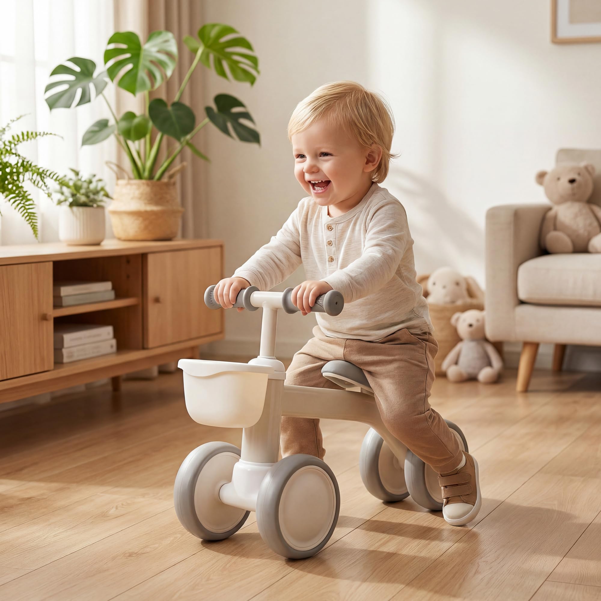 Garvee Draisienne Bébé 1 an 4 Roues, Vélo sans Pédales avec Panier, Blanc, Jouet Enfant pour 12-24 Mois