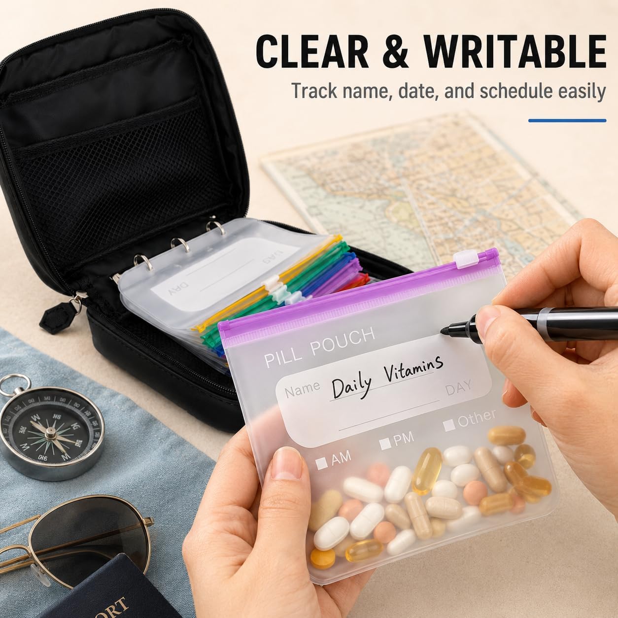 Waterproof Pill Organizer Set - Reusable Travel Medicine Organizer with 14 Color-Coded Pouches, Twice-Daily Large Pill Organizer for Seven Days, Compact & Durable Travel Case (Black)