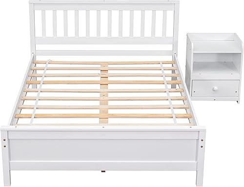 Miniatura 4 de LCH Base de cama matrimonial con mesita de noche, marco de cama de tamaño matrimonial para niños, adolescentes, adultos con tablillas, cabecera y