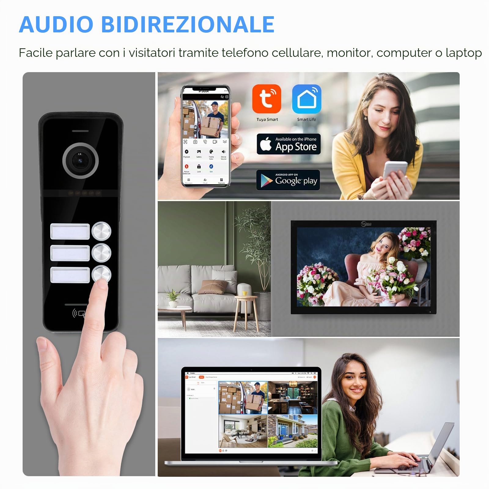 Sistema di campanello video cablato 3 unità 10 pollici monitor video citofono supporto sorveglianza, 3 in1 sblocco per casa villa (campanello nero + schermo nero)