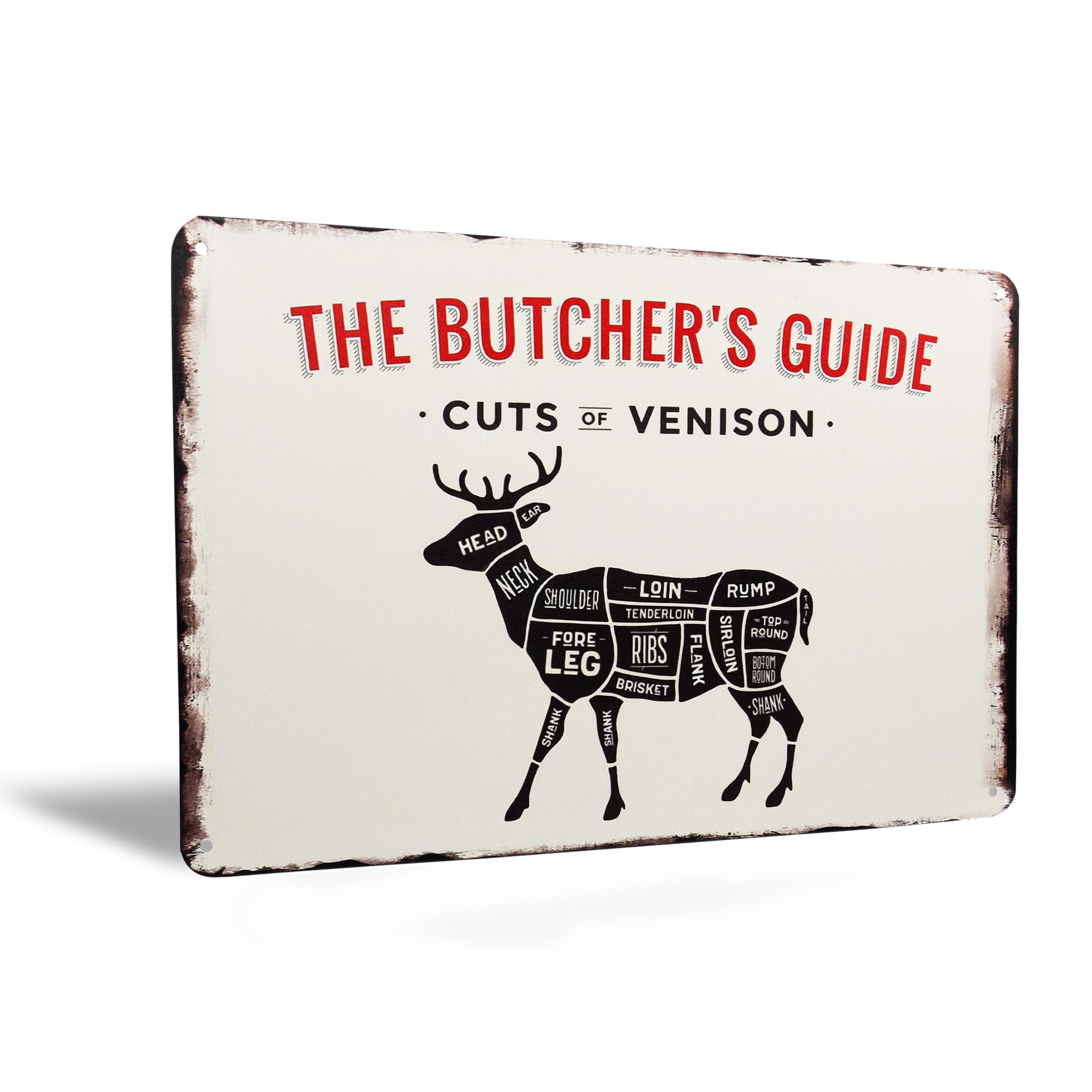 Vintage Venison Meat Cuts Sign – Rustic Metal Wall Decor, Deer Processing Chart Art for Kitchen, Cabin, Man Cave, Hunting Essentials & Gifts for Men Who Hunt – Butcher Wall Art 12"x8"