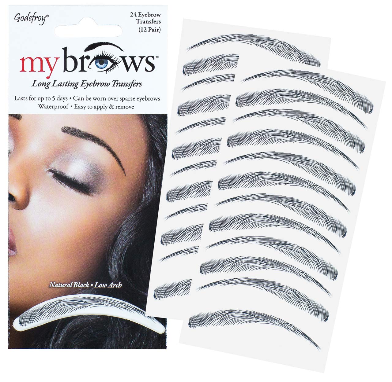 Godefroy MyBrows Long Lasting Eyebrow Transfers, Low Arch, Natural Black, 12-Pairs of Brows Low Arch Natural Black