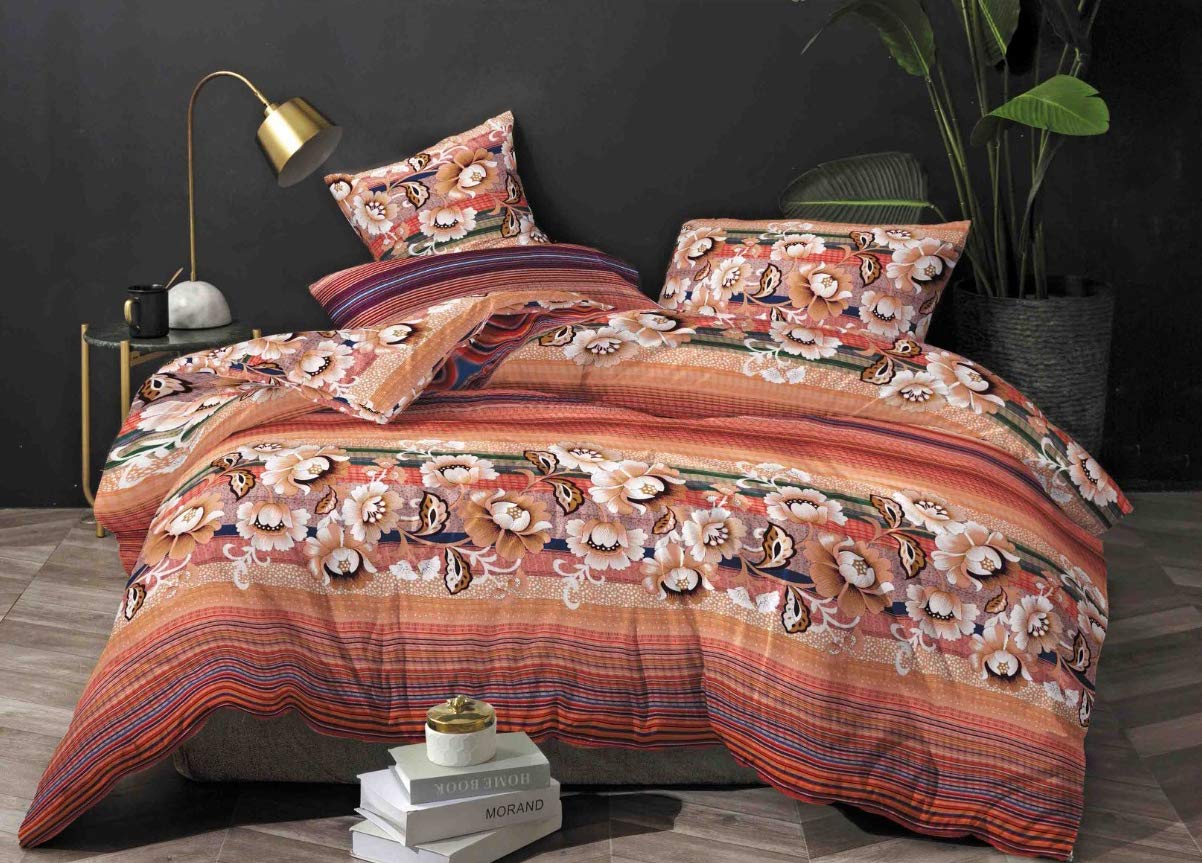 Chiraiyaa Vertical Flowers Line Pattern 210 TC Polycotton Bedsheet for Double Bed with 2 Pillow Covers (90 X 100 Inches)