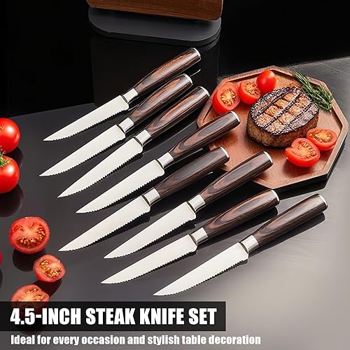 Miniatura 2 de Juego de 8 cuchillos de carne dentados con soporte magnético para cuchillos, cuchillo japonés de acero inoxidable de alto carbono y soporte