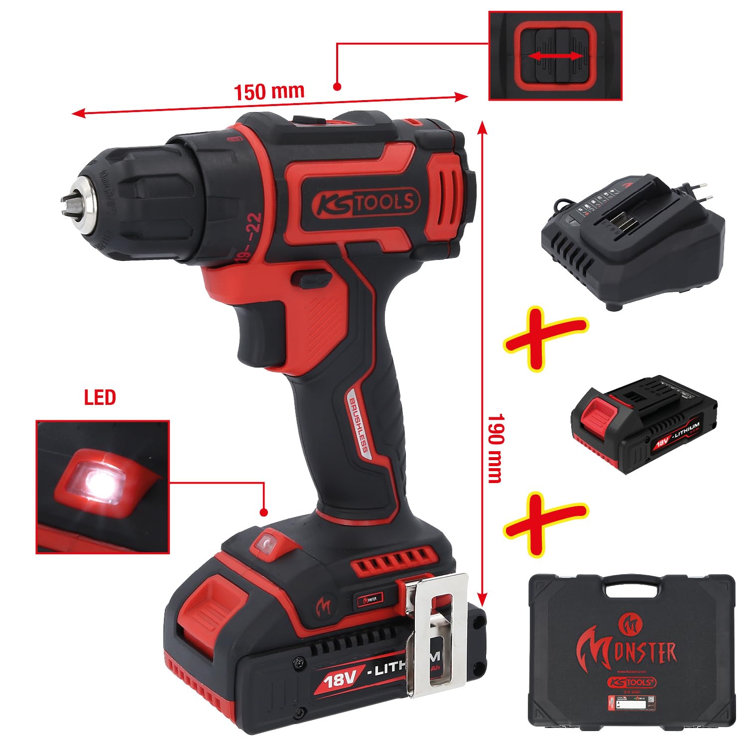 KS Tools 515.6400 eMONSTER bezszczotkowa wiertarko-wkrętarka akumulatorowa, 4-częściowy