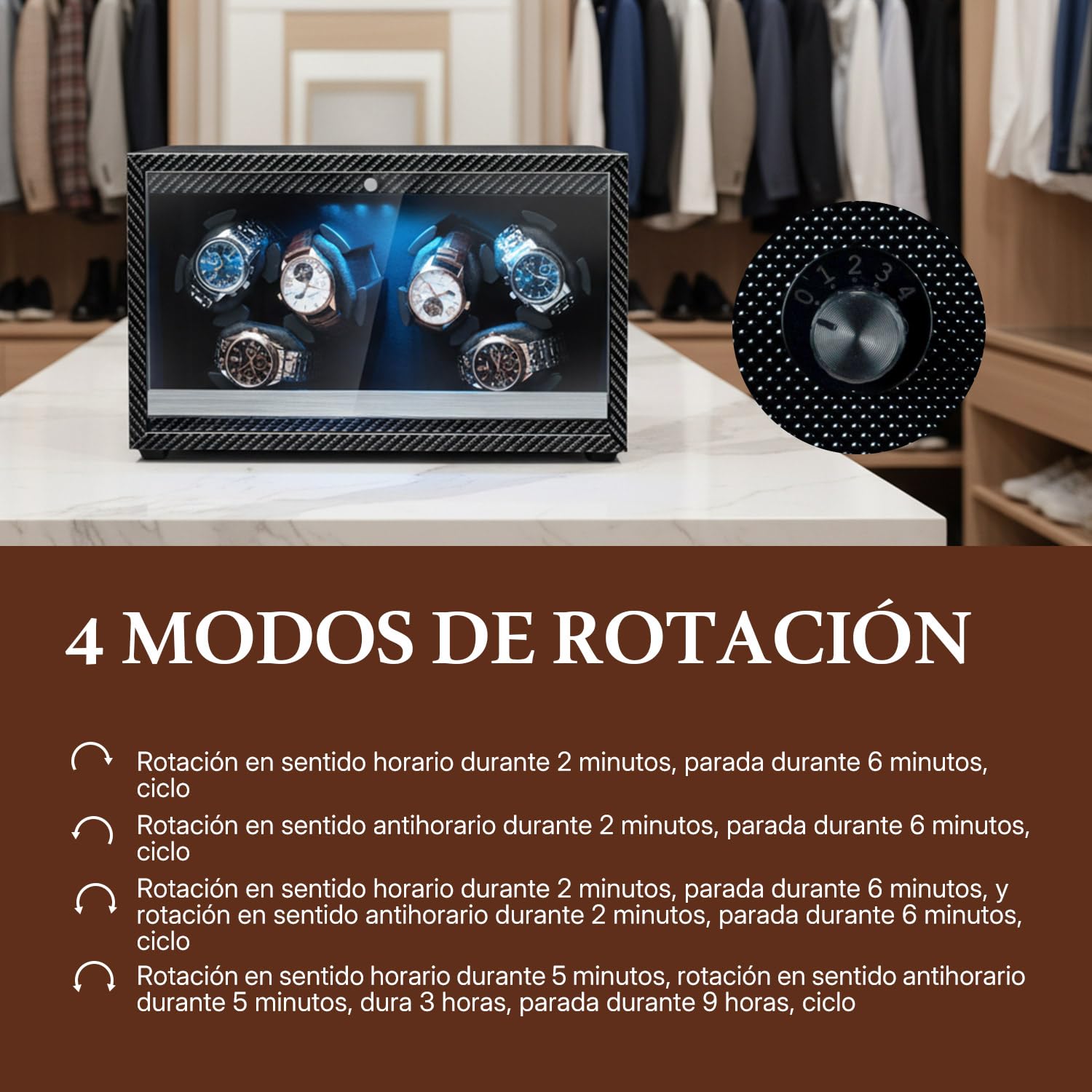 Mcbazel Enrollador Automático de Relojes para 6 Relojes con Luz LED, Motor Ultra-Silencioso Cajas Giratorias 4 Modos de Rotación, Alimentación USB DC Watch Winder de hasta 45 mm