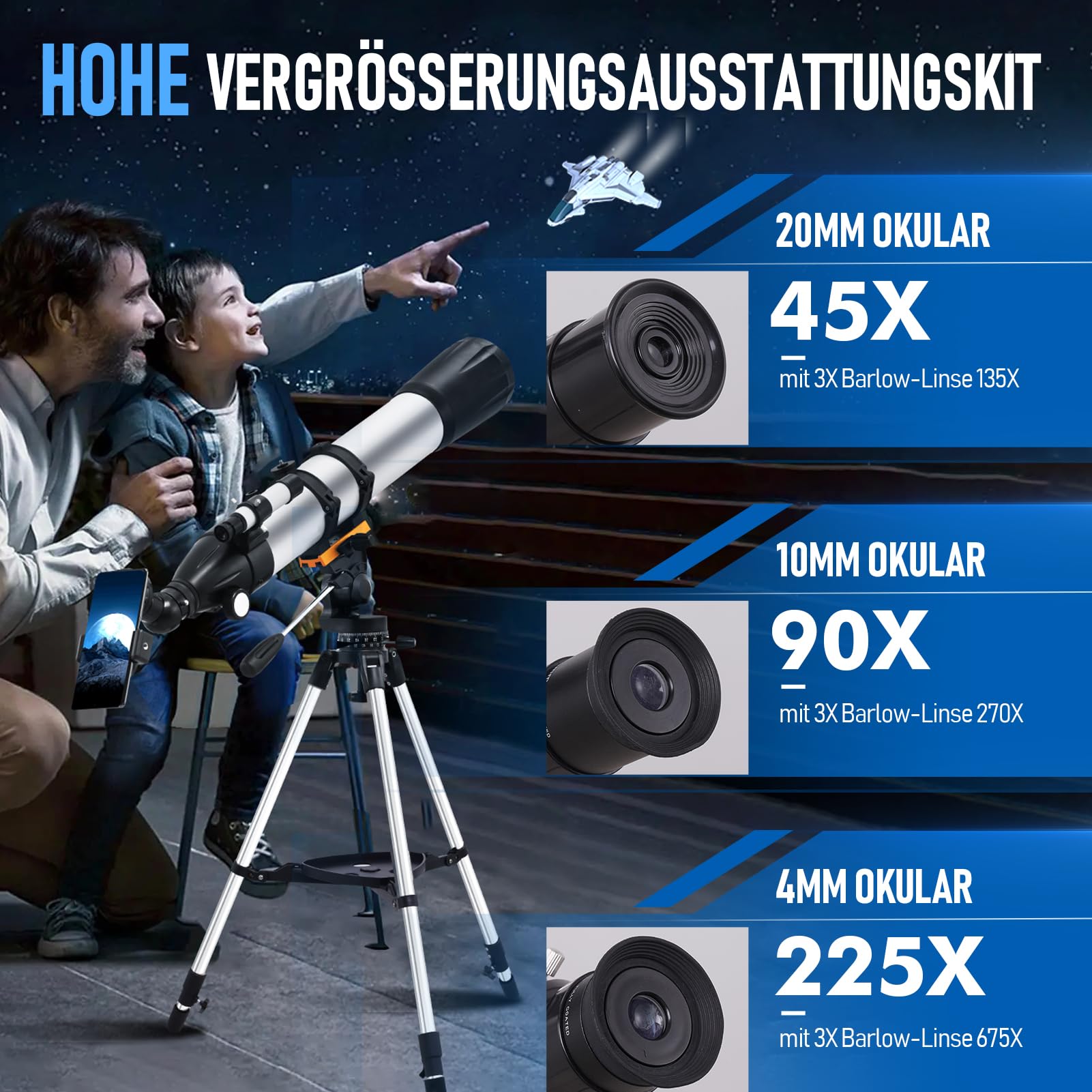 Telescopio astronómico para adultos, apertura de 90 mm, 900 mm, con visor de telescopio, para principiantes y niños, trípode astronómico