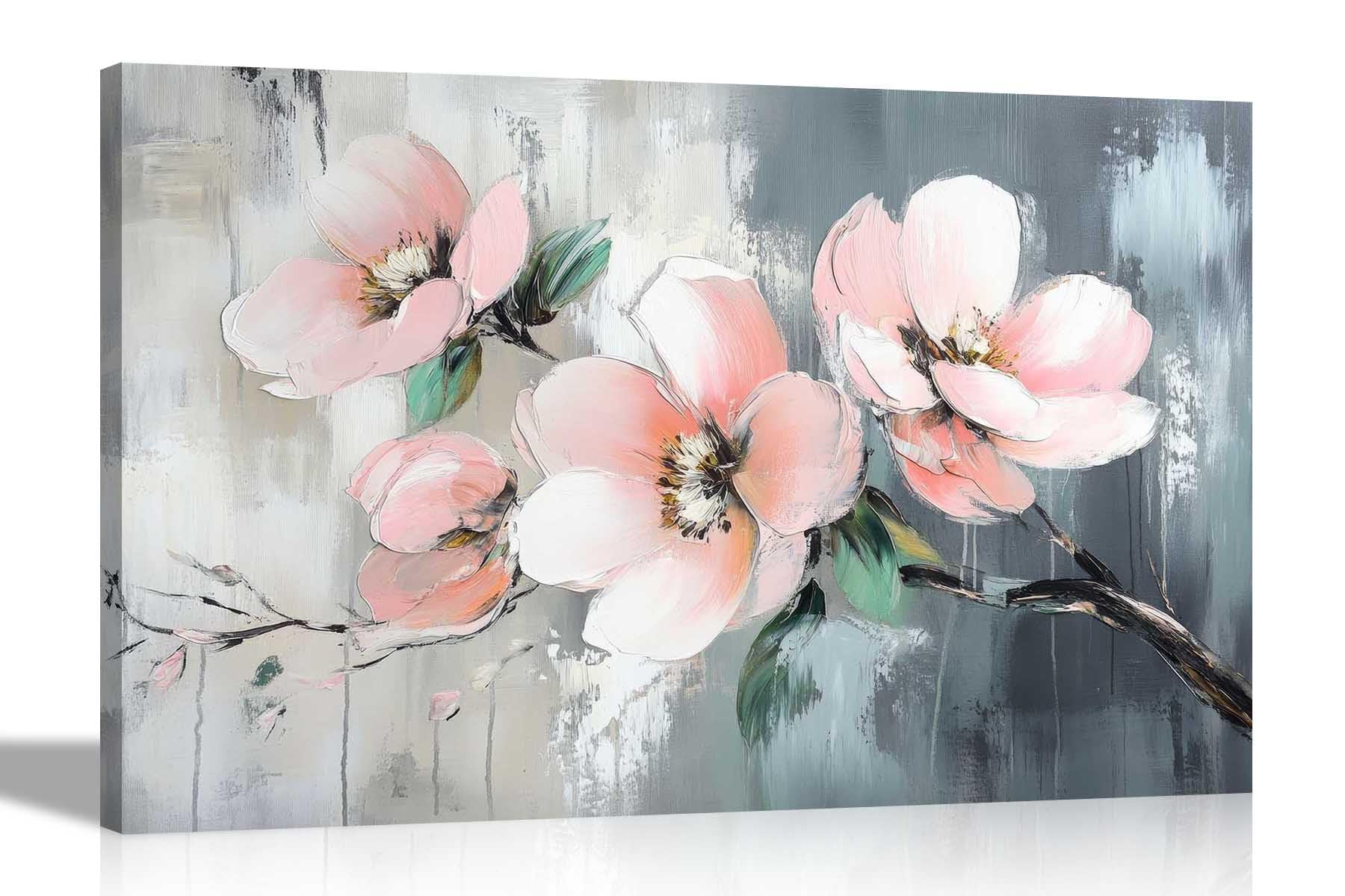 Artley Prints Abstract Pink Flowers Branch - Abstract Pink Flowers Grey Background Canvas Prints Flower Wall Art Framed Home Decoration Pictures 60 X 40Cm (24 X 16 Inches) A2