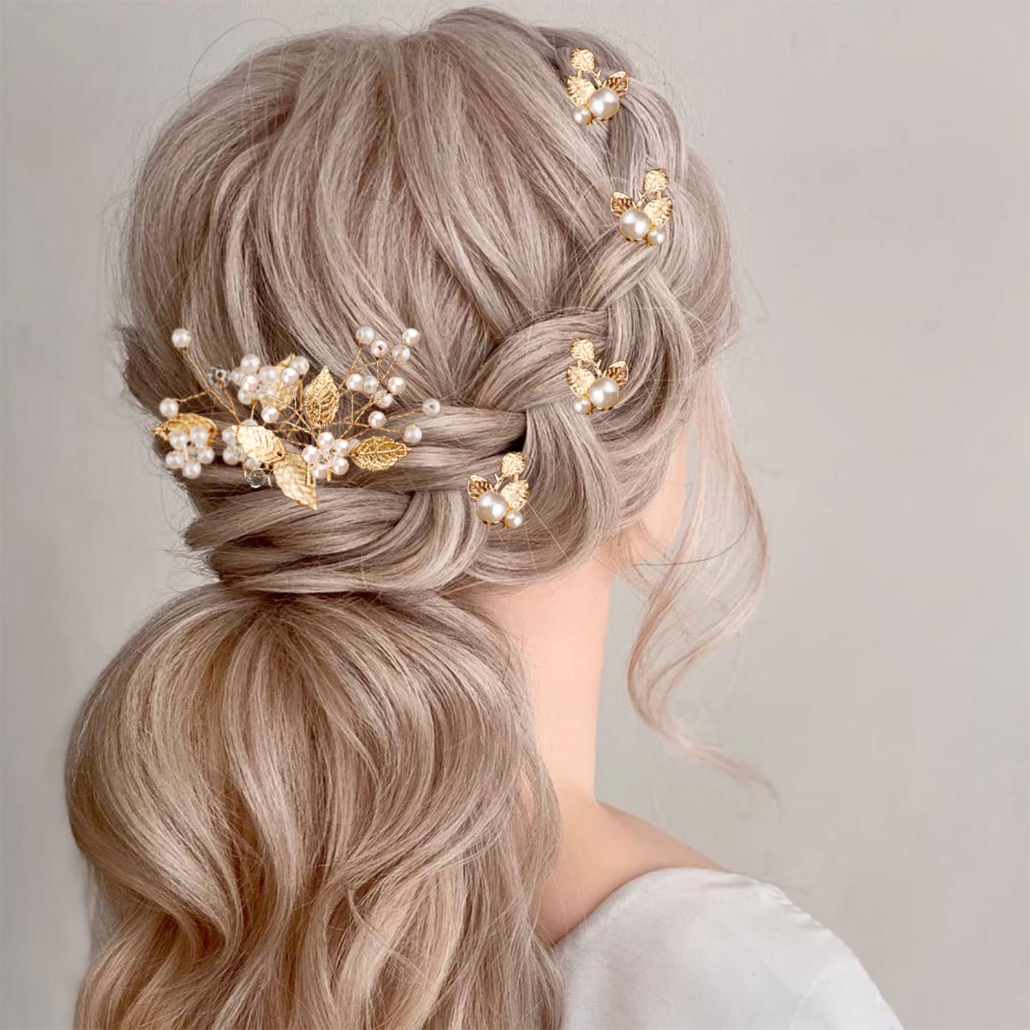 7 forcine per capelli da sposa con foglie dorate e perle per acconciature da sposa e per acconciature da sposa, accessori per capelli per fiori, accessori per capelli per spose damigelle e ragazze