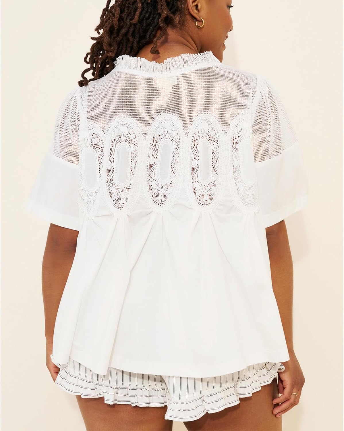 Women's Babydoll Tops Short Sleeve Lace Detail Blouses Flared Pleated Swing Sheer Mesh Shirts - Image 4