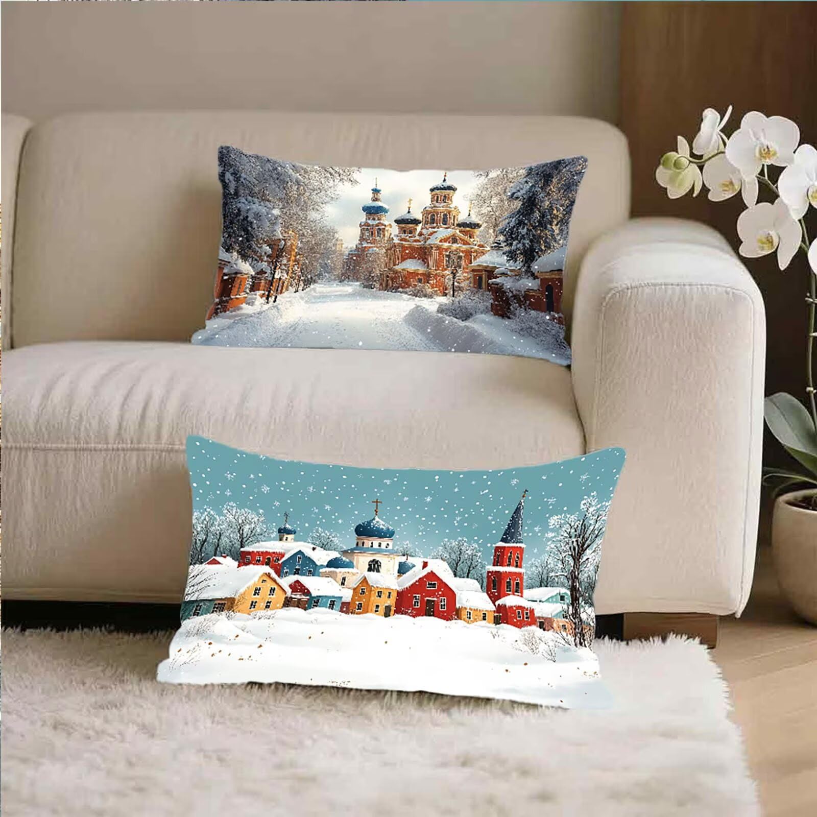 Federe Cuscino 60x80 Set di 2, Inverno Federe Cuscini Divano Velluto Morbido, Rettangolari Copricuscini 60x80cm Con Cerniera Invisibile, Copricuscino per Camera Casa Decorazioni, Paesaggio O-8647