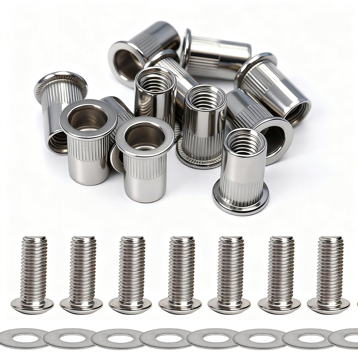 Stainless Steel 3/8-16 Rivet Nuts and Bolts 1-1/4" Button Head Socket Cap Screws 3/8 Flat Washers Rivnut Threaded Nutsert 13-Set