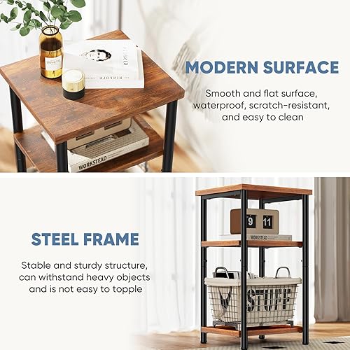 Miniatura 5 de DUMOS Mesa auxiliar, mesas de sofá laterales de 3 niveles para espacio pequeño, estante de almacenamiento, mesita de noche con pies ajustables para