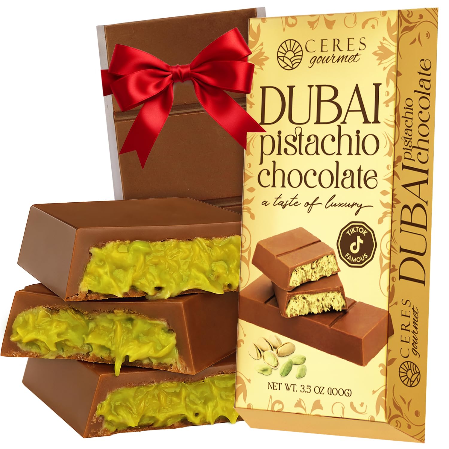 Ceres Gourmet Dubai Chocolate Bar Pistachio 3.5 Oz, Perfectly Portioned Packaging Dubai Chocolate with Knafeh Kataifi, Premium Kunafa Bars (3.5 Oz, Milk Chocolate)