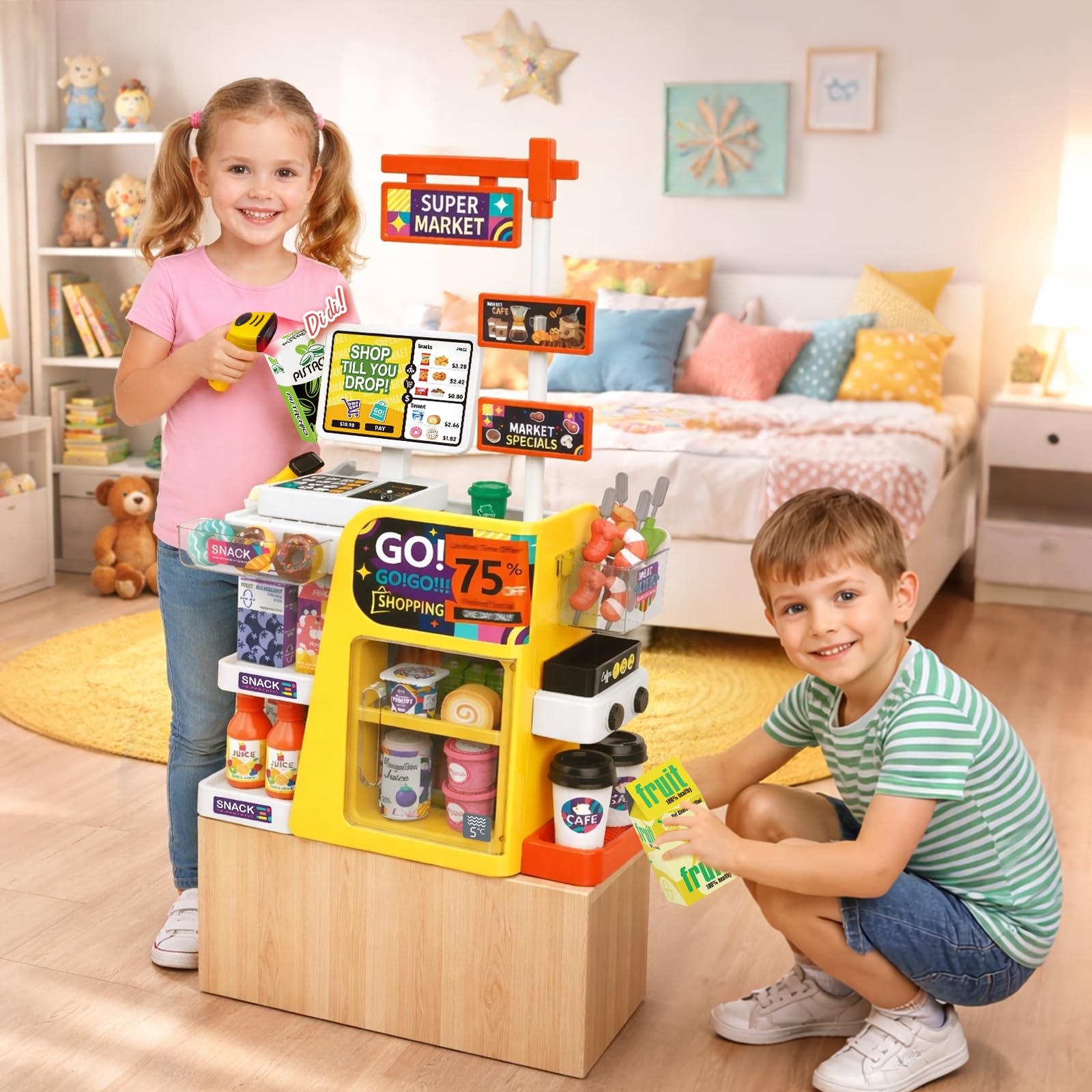 RedCrab Supermercato Giocattolo per Bambini, 65 Pezzi Accessori per Negozio, Registratore di Cassa Giocattolo con Scanner e Suono, Gioco di Ruolo Regalo per Bambini 3+ Anni